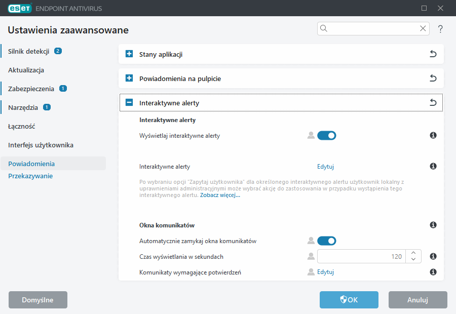 Interaktywne alerty Ustawienia zaawansowane