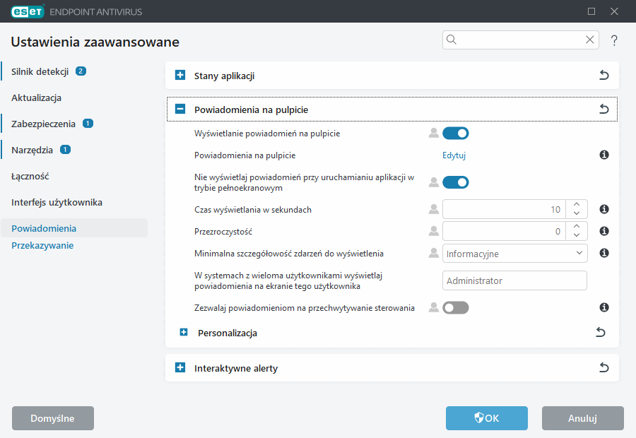 Ustawienia zaawansowane powiadomień na pulpicie