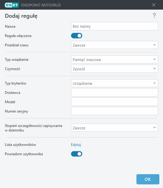 Dodawanie reguły kontroli dostępu do urządzeń