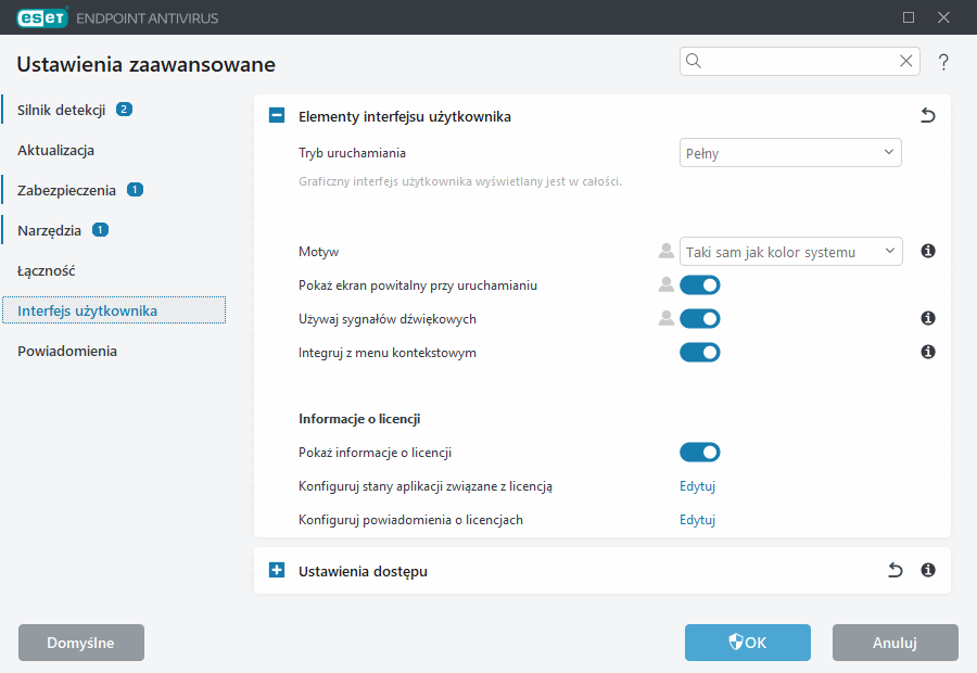 Ustawienia zaawansowane elementów interfejsu użytkownika