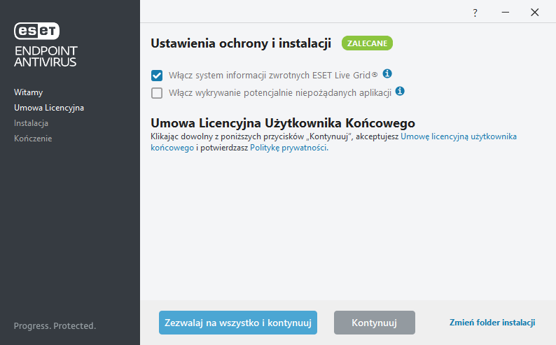 Ustawienia i umowa licencyjna użytkownika końcowego (EULA)