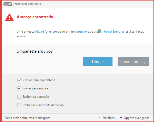 Janela de alerta – Ameaça encontrada
