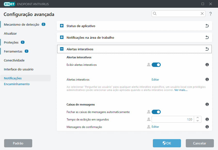 Configuração avançada de alertas interativos