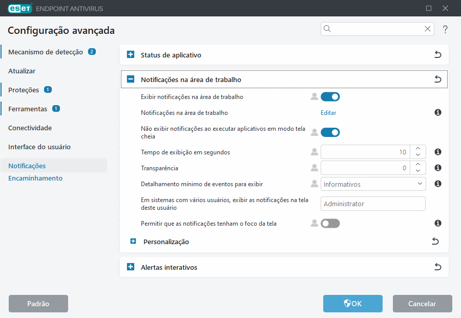 Configuração avançada de notificações na área de trabalho