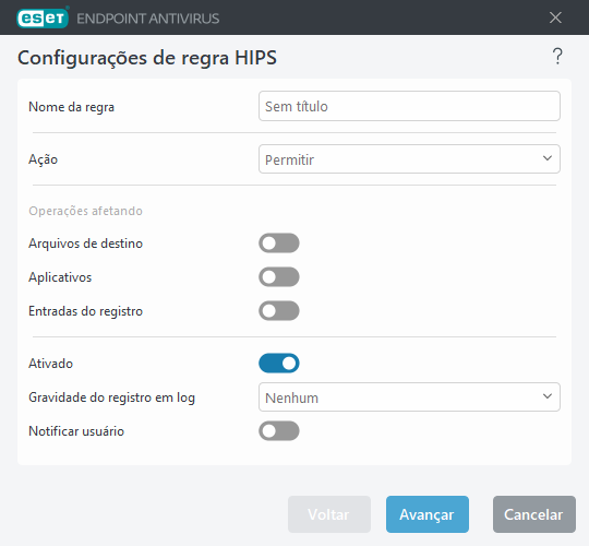 Configurações de regra HIPS