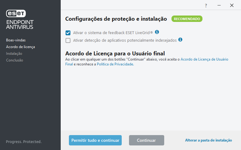 Configurações e Acordo de Licença para o Usuário Final