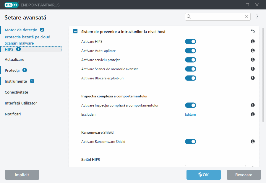 Setare avansată Sistem de prevenire a intruziunilor la nivel host