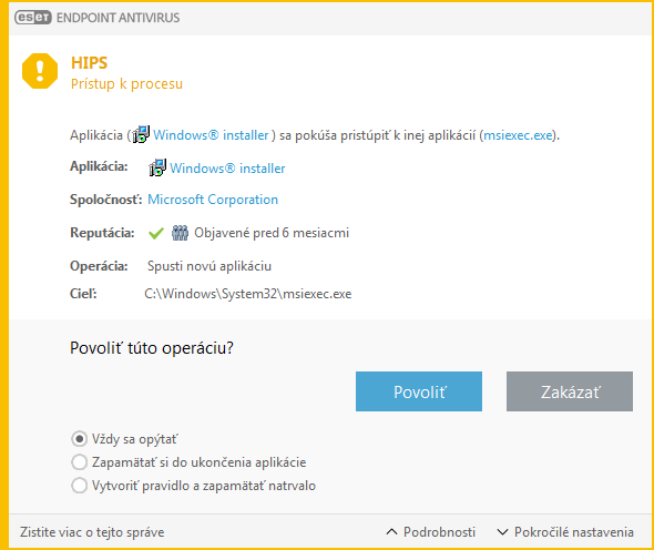 Oznámenie systému HIPS