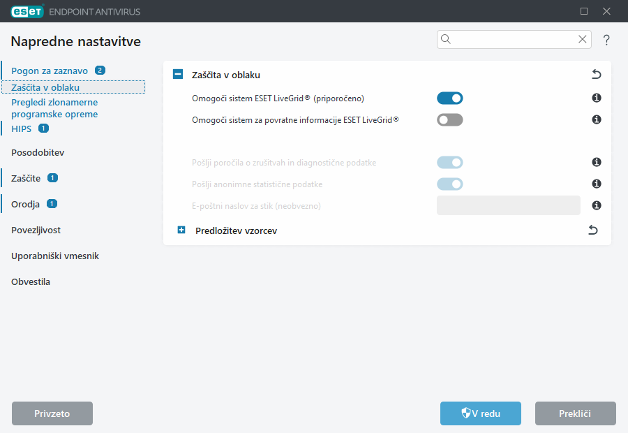 Napredne nastavitve za ESET LiveGrid®