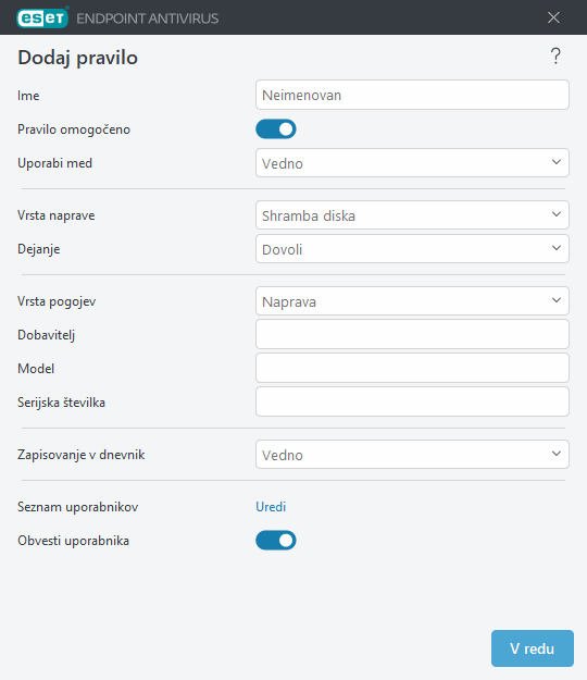 Dodajanje pravila za nadzor naprav