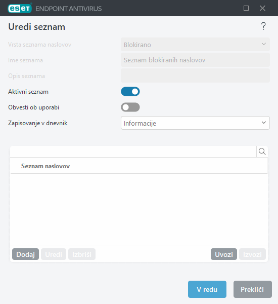 Upravljanje seznama naslovov URL