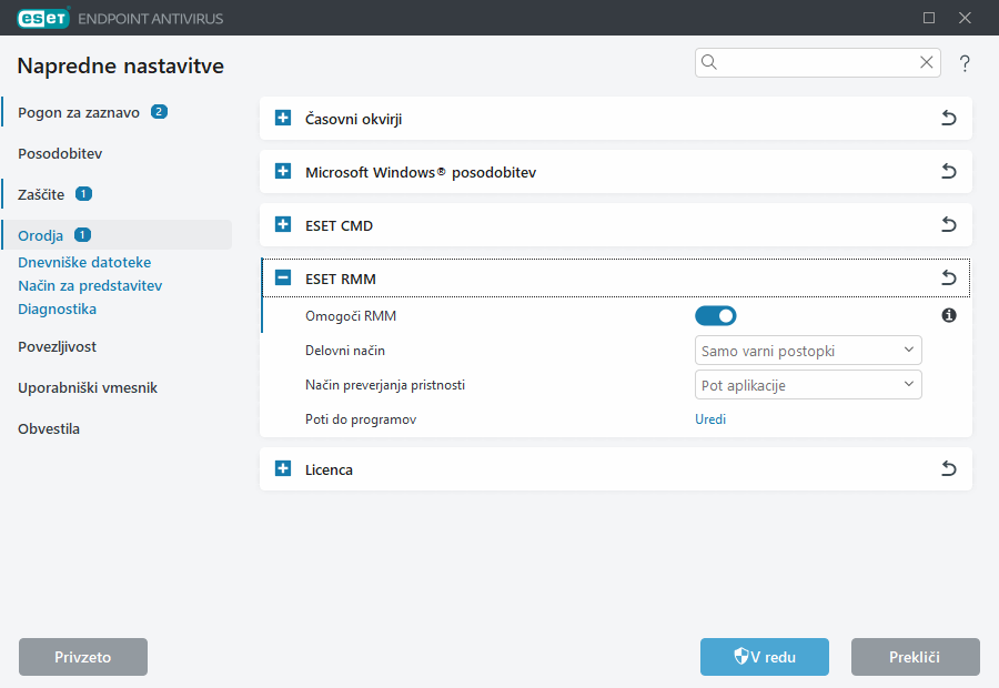 Napredne nastavitve za ESET RMM