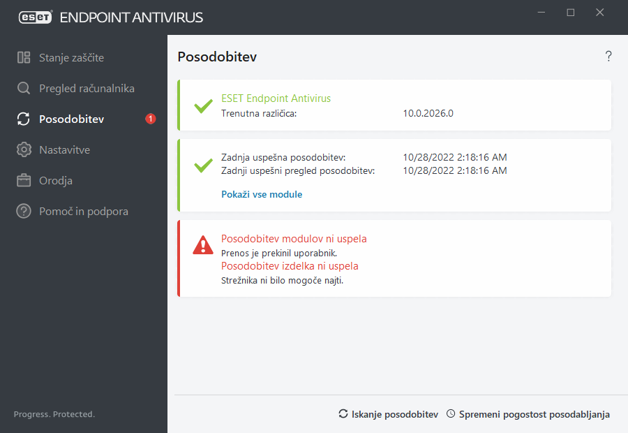 Posodobitev modula ni uspela