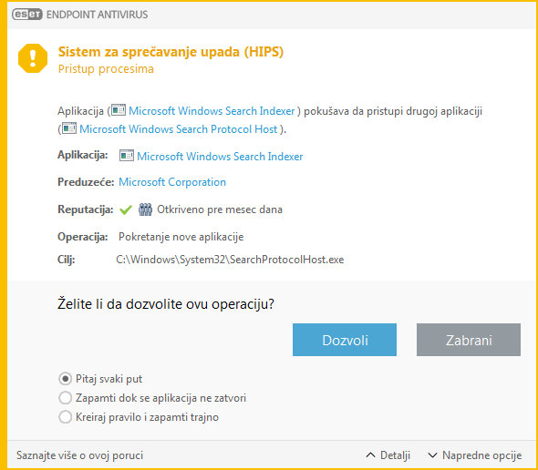 Obaveštenje Sistema za sprečavanje upada zasnovanog na hostu