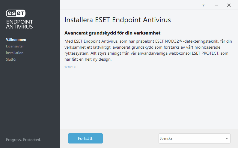 Välkomstsida för installation