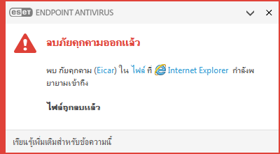 หน้าต่างการแจ้งเตือน - ลบภัยคุกคามออกแล้ว