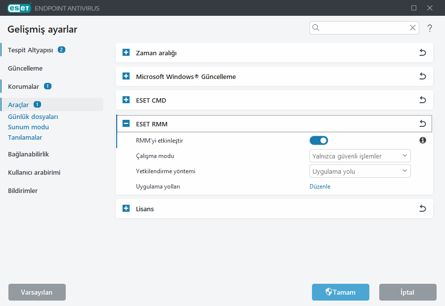 Gelişmiş ayarları ESET RMM
