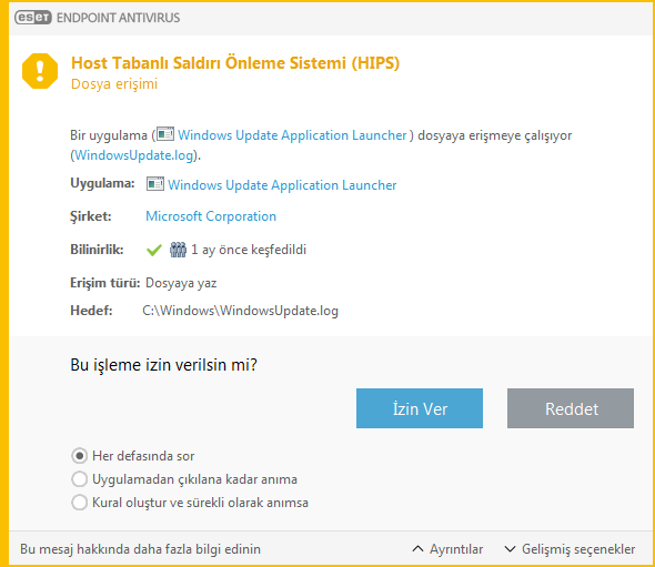 Host Tabanlı Saldırı Önleme Sistemi (HIPS) bildirimi