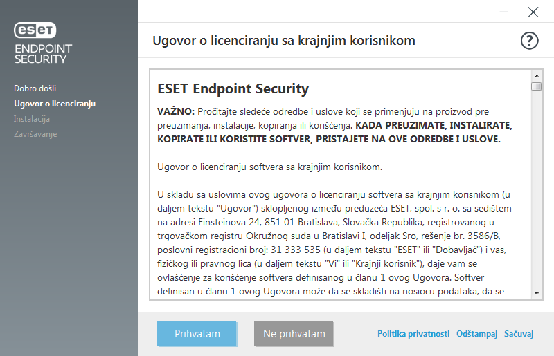 Podešavanja i Ugovor o licenciranju sa krajnjim korisnikom Podešavanja i Ugovor o licenciranju sa krajnjim korisnikom