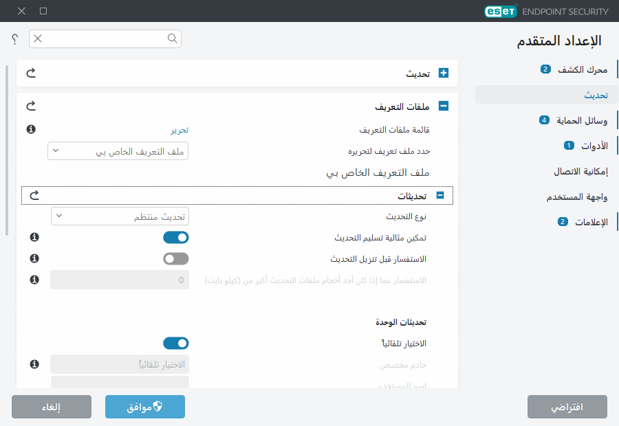 الإعداد المتقدم للنسخة المتطابقة للتحديث