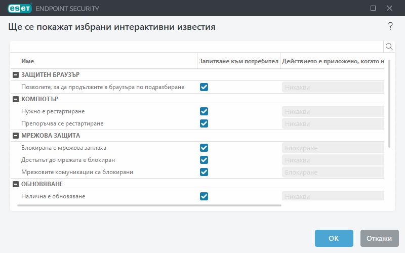 Списък с интерактивни уведомления