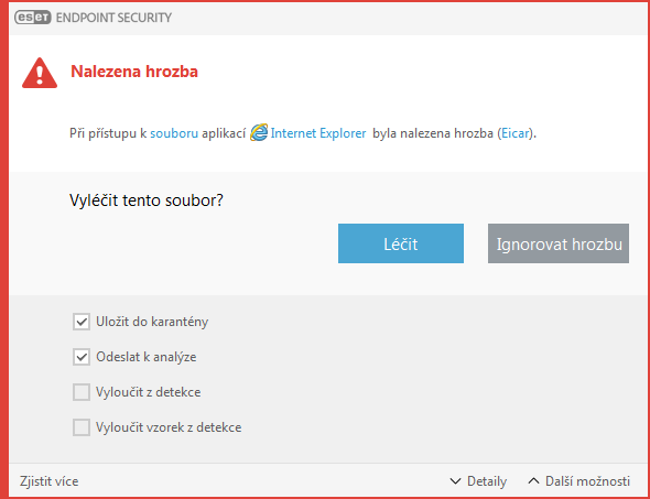 Okno výstrahy – Nalezena hrozba