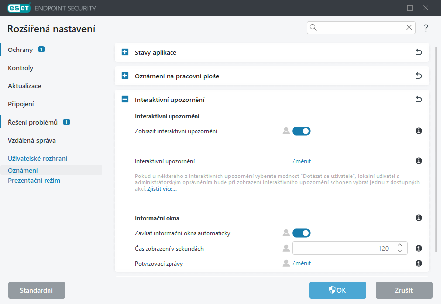 Rozšířená nastavení interaktivních upozornění