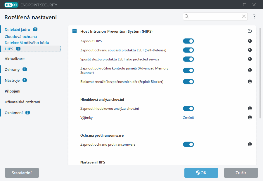 Rozšířená nastavení HIPS