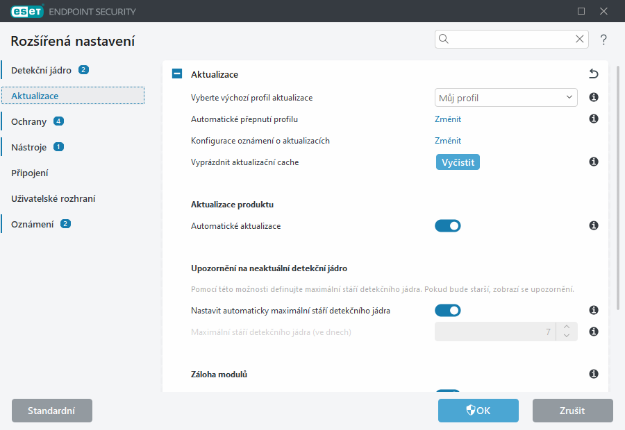 Rozšířená nastavení zálohy modulů