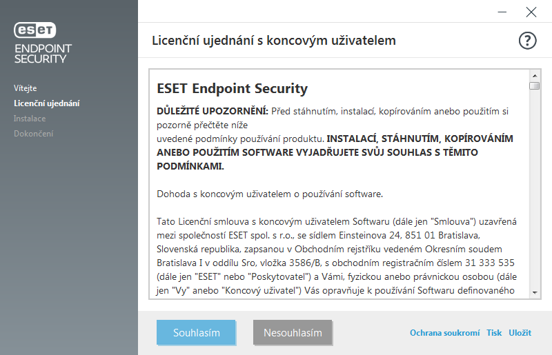 Nastavení a EULA