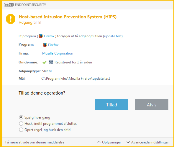 Host-based Intrusion Prevention System-meddelelse