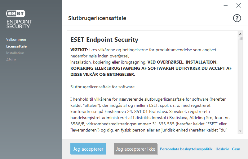 Indstillinger og slutbrugerlicensaftale