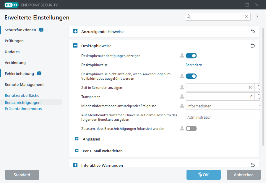 Erweiterte Einstellungen für Desktophinweise