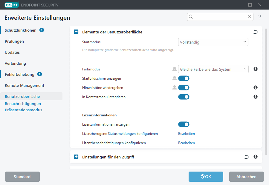 Erweiterte Einstellungen für Elemente der Benutzeroberfläche