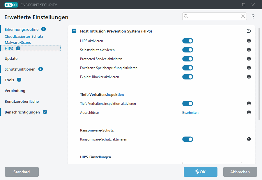 Erweiterte Einstellungen für HIPS