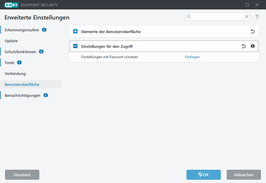 Erweiterte Einstellungen für den Zugriff auf die Einstellungen