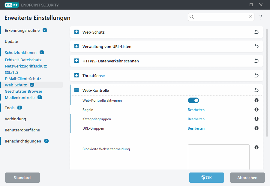 Erweiterte Einstellungen für die Web-Kontrolle