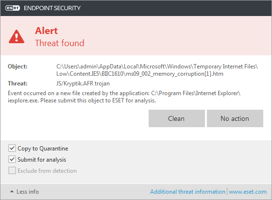 Alert window - Threat found