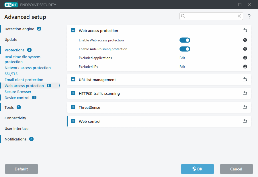 Web access protection Advanced setup