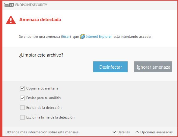 Ventana de alerta: se encontró una amenaza