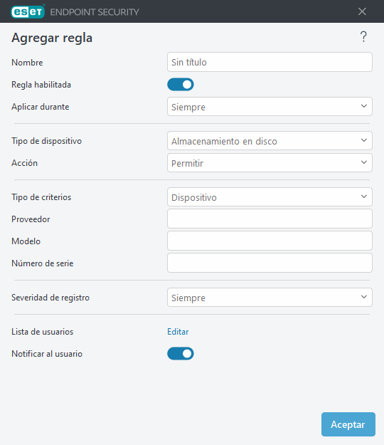 Agregar regla de control del dispositivo