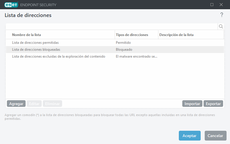 Lista de direcciones