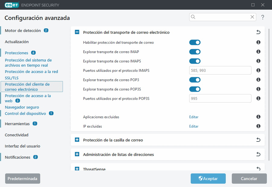 Configuración avanzada de la protección del transporte de correo electrónico