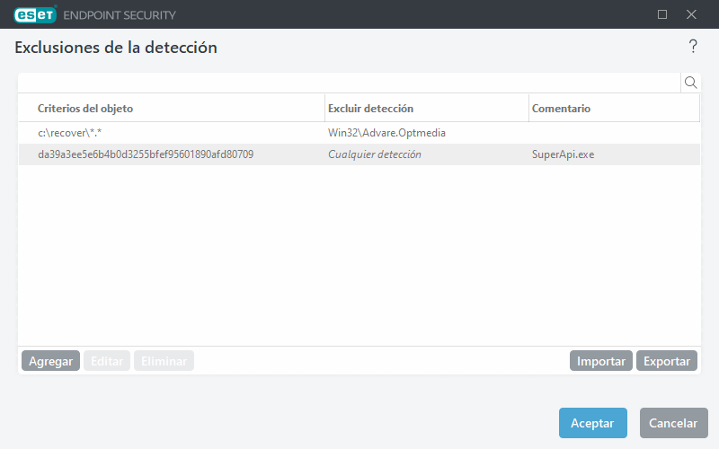 Exclusiones de la detección