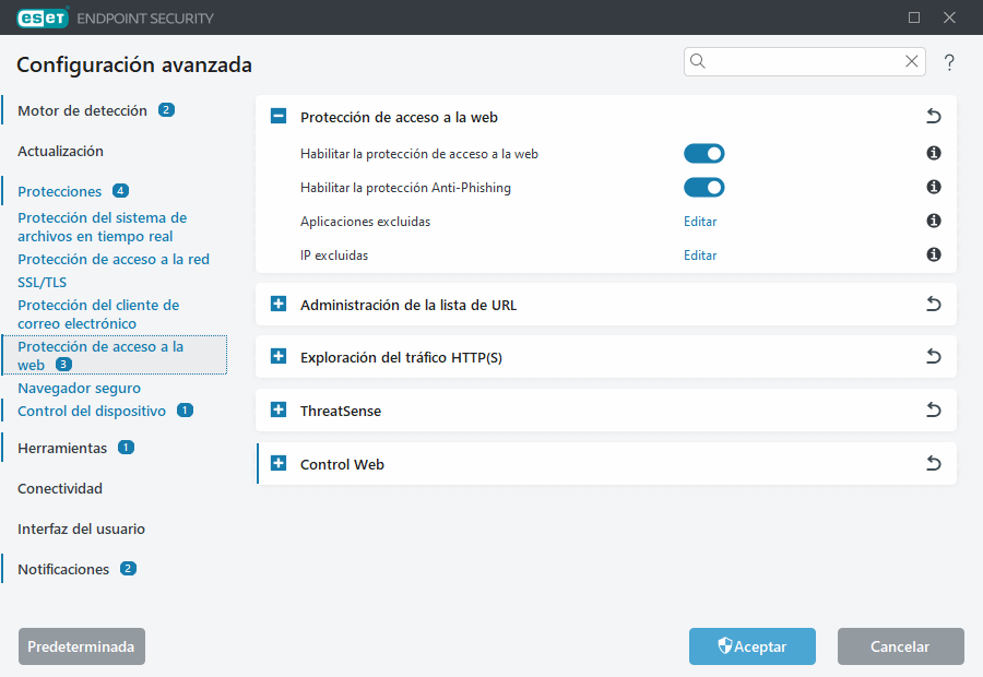 Configuración avanzada de protección de acceso a la red