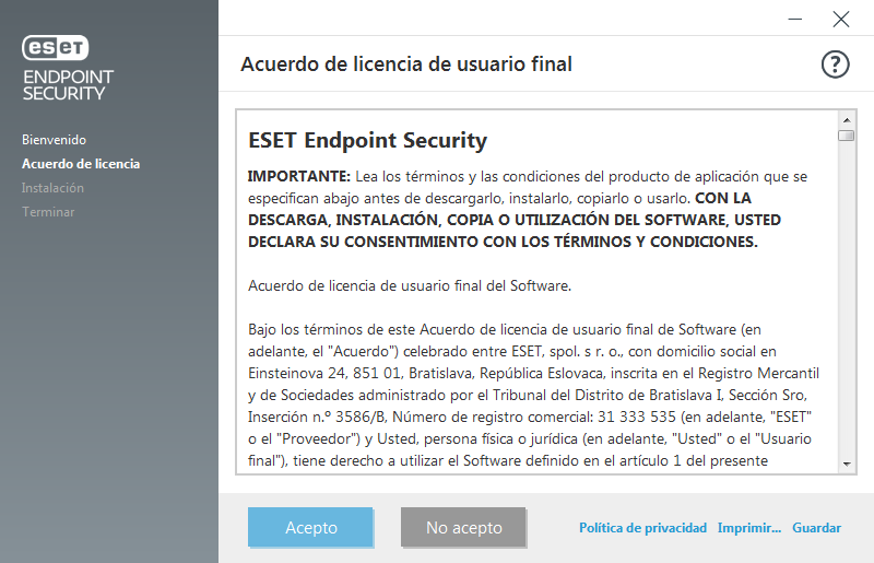 Configuración y Acuerdo de licencia de usuario final