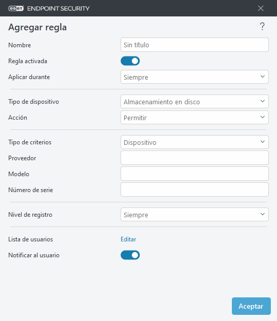 Agregar regla de control de dispositivos