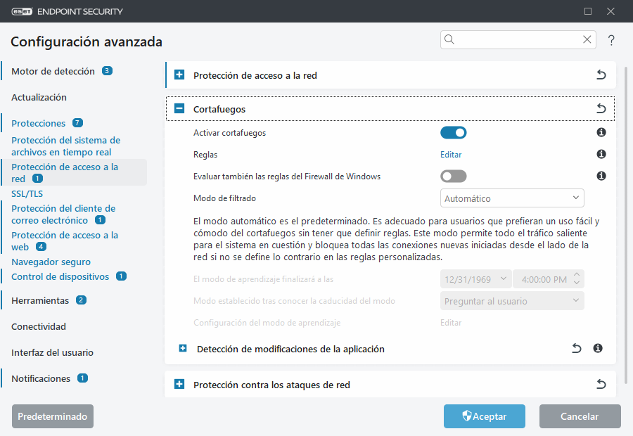Configuración avanzada del cortafuegos