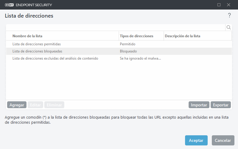 Lista de direcciones