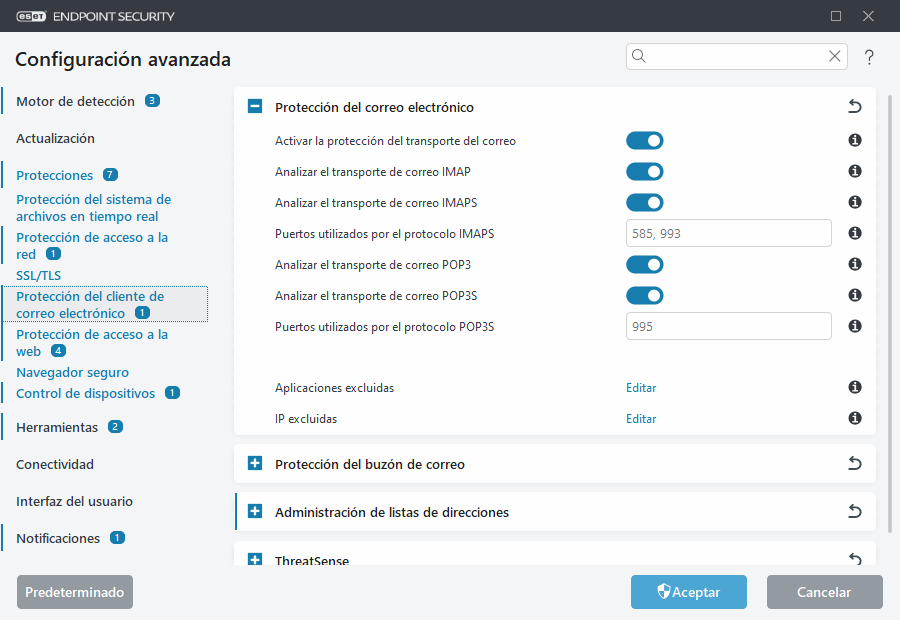 Configuración avanzada de la protección del transporte de correo electrónico